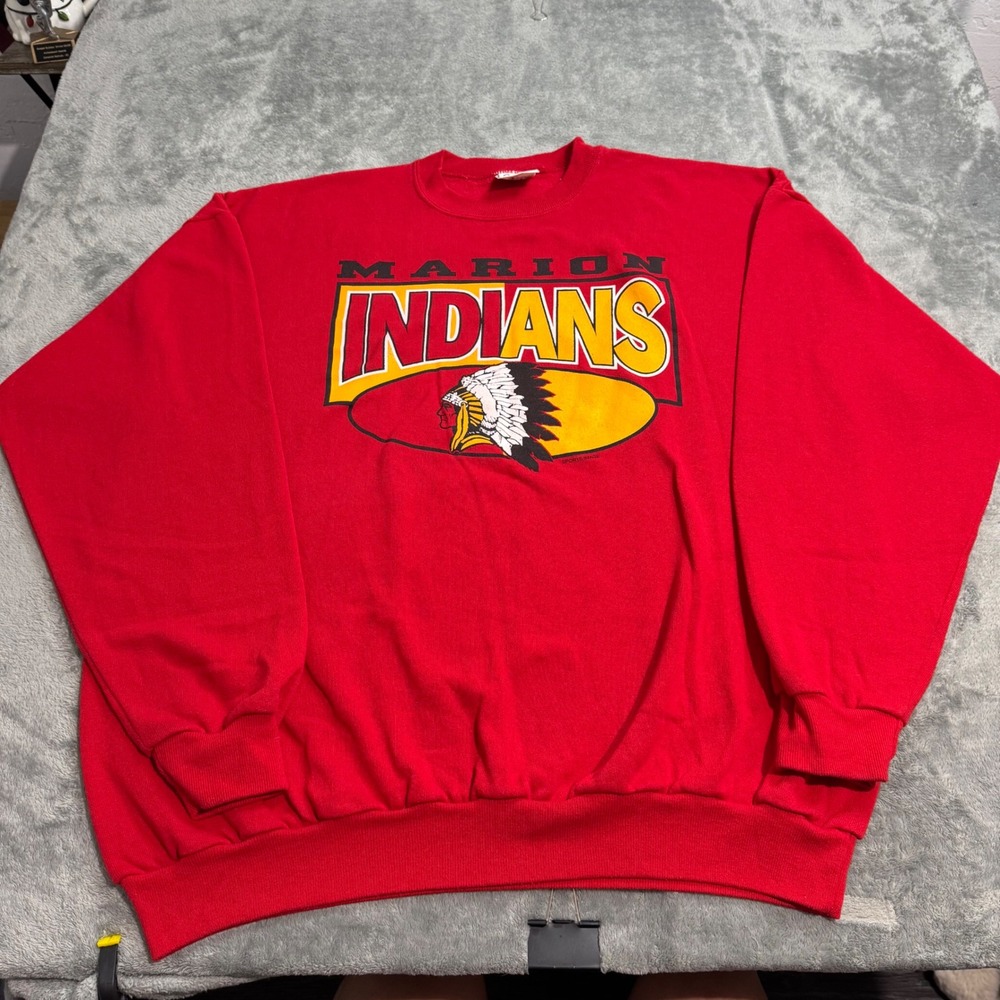 VTG 90s Santee Marion Indians Sweatshirt Red Graphic Crewneck XL